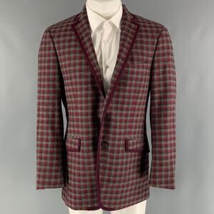 ETRO Size 40 Grey Burgundy Checkered Cotton Blend Notch Lapel Sport Coat
